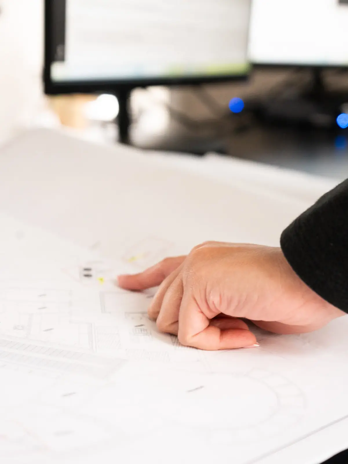 Hand reviewing printed system design drawings
