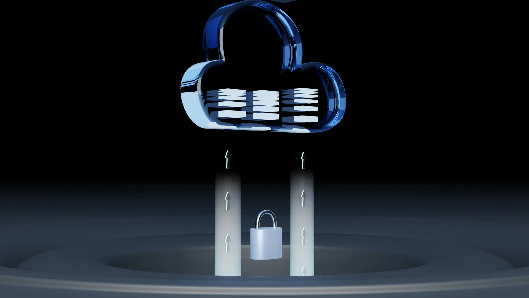 Padlock beneath a cloud, representing secured business data