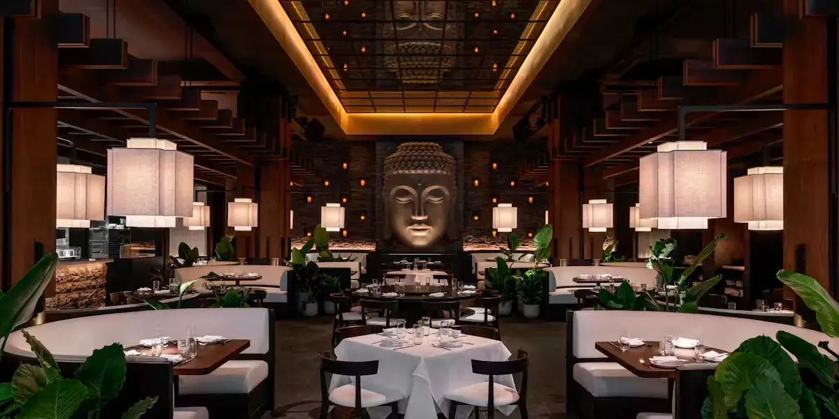 Toku restaurant dining room with warm lighting