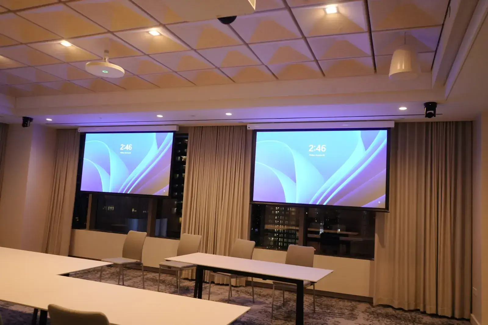 Training room projection installation with dual screens